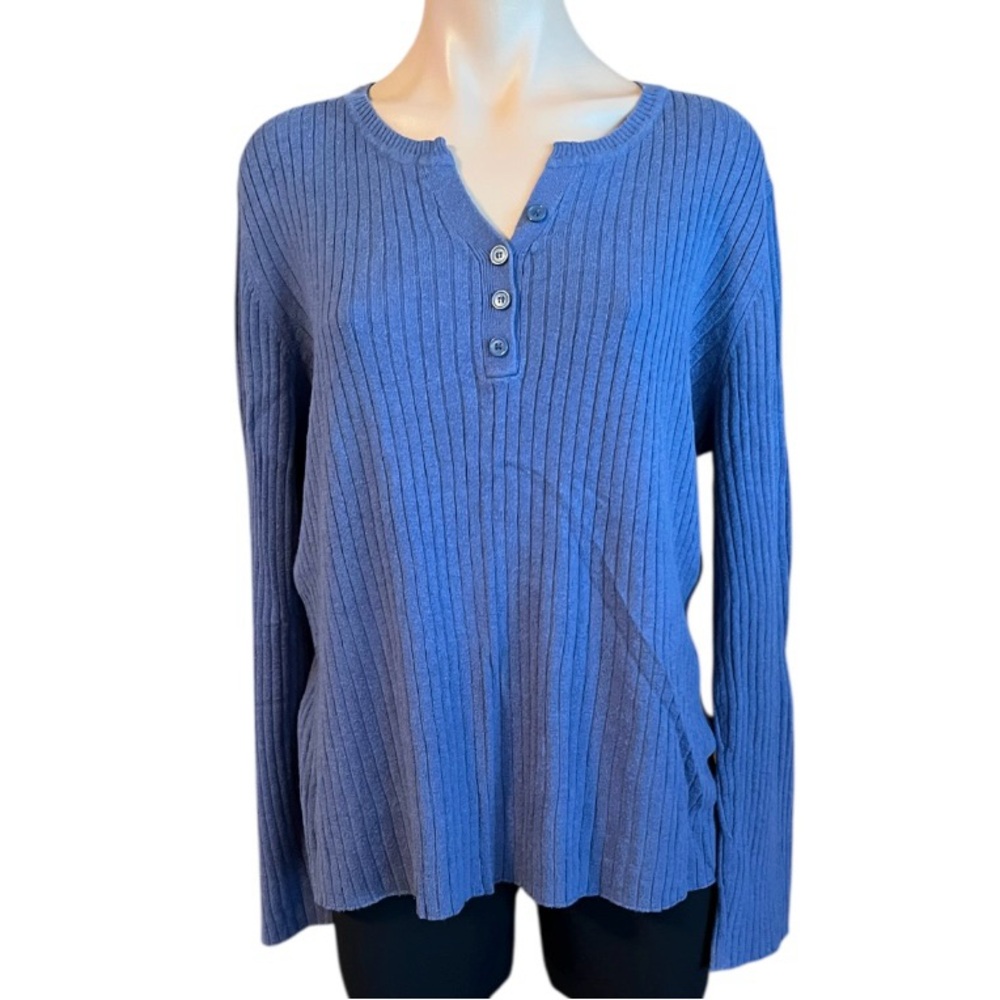 Indigo Blue Ribbed V-Neck Long Sleeve Sweater Preowned Some Fabric Pilling